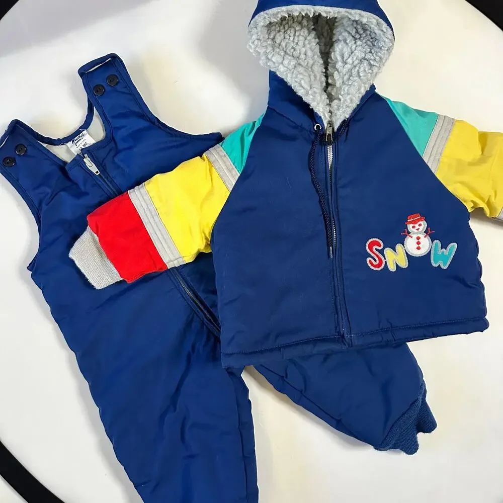 Vintage 80s Weather Tamer Color Block Snowman Winter Jacket & Bib Set Snowsuit